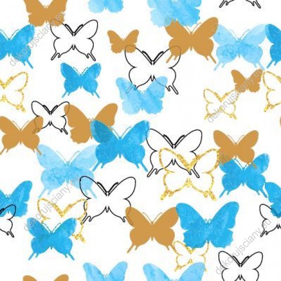 Wizualizacja tapety do pokoju dziecięcego, młodzieżowego, sypialni. Wzór tapety w niebieskie, złote i czarne motyle, lecące na białym tle.