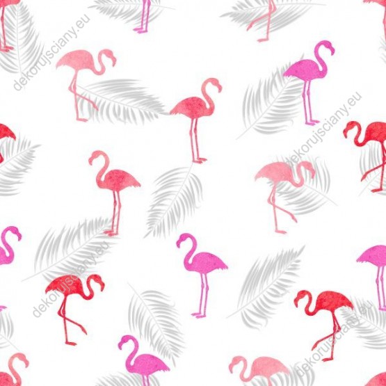 Wizualizacja tapety do pokoju dziecięcego, młodzieżowego, sypialni w tropikalnym klimacie. Tapeta w różowe flamingi i szare egzotyczne liście, na białym tle.