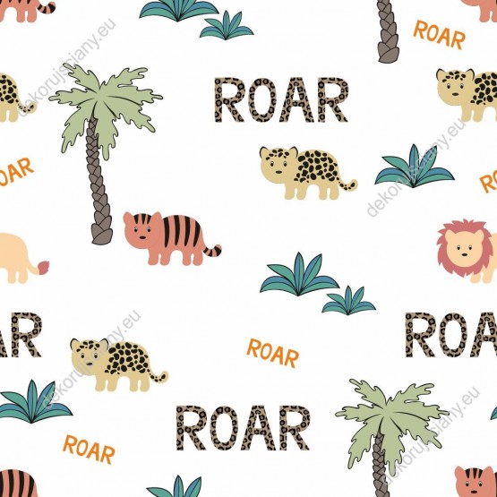 Wizualizacja tapety na ścianę do pokoju dziecięcego w z motywem dżungli. Tapeta z afrykańskimi zwierzętami takimi jak lwy, tygrysy, gepardy i kolorowe rośliny, na białym tle.