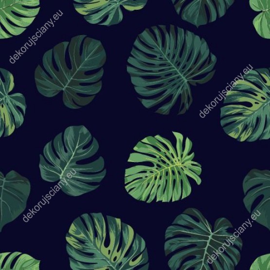 Wizualizacja tapety do pokoju dziennego, sypialni, salonu, przedpokoju, biura z motywem tropikalnym. Tapeta przedstawia zielone liście egzotycznych roślin, na czarnym tle.
