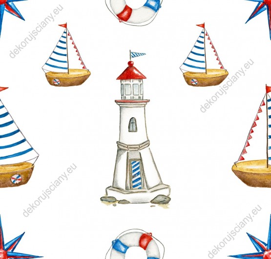 Wizualizacja tapety na ścianę do pokoju dziecięcego przedstawiająca pływające statki, latarnie morskie koła ratunkowe i różą wiatru, w kolorze niebieskim i czerwonym, na białym tle.