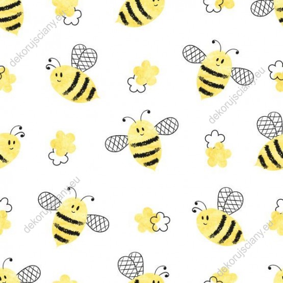 Wizualizacja tapety na ścianę do pokoju dziecięcego w wesołe, latające pszczółki i żółte kwiaty, na białym tle.