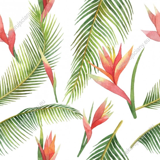 Wizualizacja tapety do pokoju dziennego, sypialni, salonu, przedpokoju, biur  z motywem egzotycznych roślin. Tapeta w tropikalnym klimacie przedstawia zielone liście palm i różowe kwiaty lilii, na białym tle.