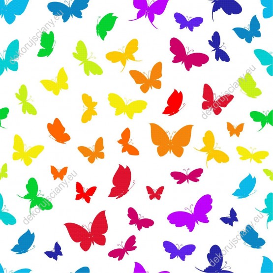 Wizualizacja tapety do pokoju dziecięcego, młodzieżowego w latające kolorowe motyle, we wszystkich kolorach tęczy, na białym tle.