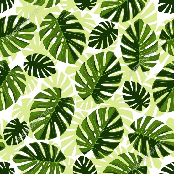 Wizualizacja tapety do pokoju dziennego, sypialni, salonu, przedpokoju, biura z motywem tropikalnym. Wzór tapety w duże, zielone liście egzotycznych roślin, na białym tle.