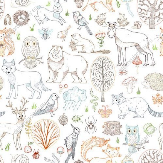 Wizualizacja tapety na ścianę do pokoju dziecięcego z motywem leśnym, przedstawiająca rośliny i zwierzęta lasu, na białym tle.