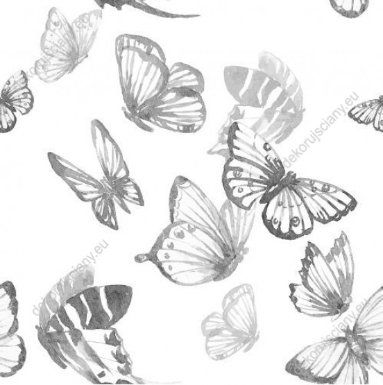 Wizualizacja tapety do pokoju dziennego, dziecięcego, młodzieżowego, sypialni, salonu, przedpokoju, biura. Białe tło tapety pokryte szarymi, latającymi motylami.