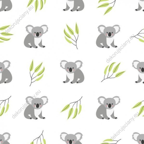Wizualizacja tapety na ścianę do pokoju dziecięcego w słodkie, szare misie koala i zielone liście eukaliptusa, na białym tle.
