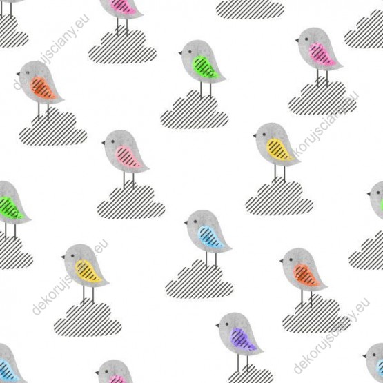 Wizualizacja tapety na ścianę do pokoju dziecięcego z kolorowymi ptaszkami, siedzącymi na szarych chmurach, na białym tle.