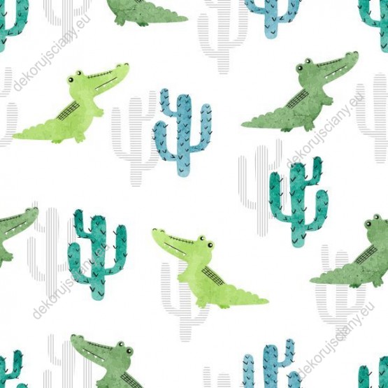 Wizualizacja tapety na ścianę do pokoju dziecięcego w zielone krokodyle, wędrujące wśród kaktusów, na białym tle.