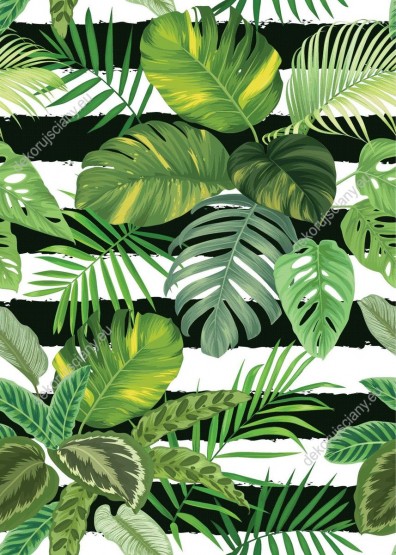 Wizualizacja tapety do pokoju dziennego, sypialni, salonu, przedpokoju, biura  z motywem roślin tropikalnych. Tapeta przedstawia zielone liście palm, na tle w białe i czarne pasy.