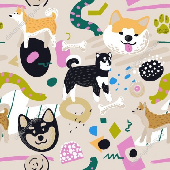 Wizualizacja tapety na ścianę do pokoju dziecięcego w psy rasy akita inu i abstrakcyjne wzory, na beżowym tle.