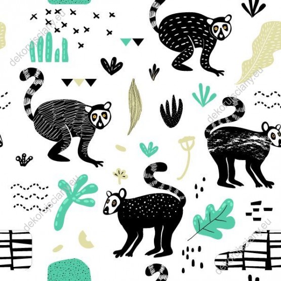 Wizualizacja tapety na ścianę do pokoju dziecięcego w czarne lemury  i różne kolorowe wzory, na białym tle.