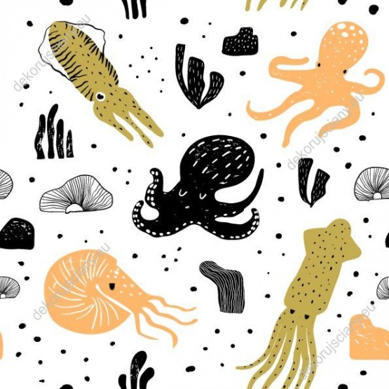 Wizualizacja tapety na ścianę do pokoju dziecięcego ze zwierzętami świata podwodnego. Tapeta przedstawia zielone kałamarnice, pomarańczowe i czarne ośmiornice oraz elementy rafy koralowej, na białym tle.