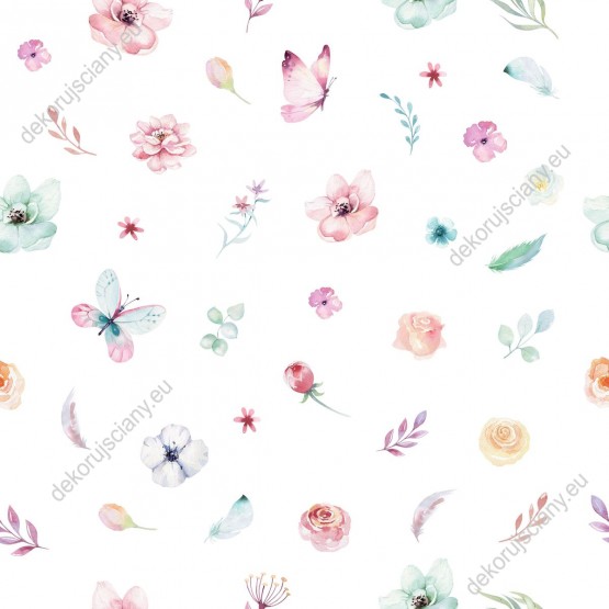 Wizualizacja tapety na ścianę do pokoju dziecięcego i młodzieżowego w kolorowe, wiosenne kwiaty i motyle, na białym tle.
