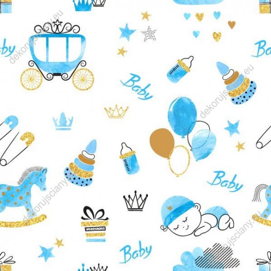 Wizualizacja tapety na ścianę do pokoju dziecięcego ze śpiącymi dziećmi, balonami, karetą, konikiem i innymi elementami ze świata dziecka, w kolorze niebieskim.