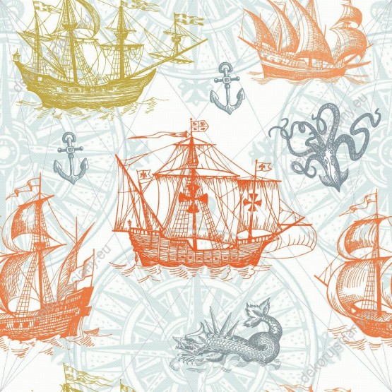 Wizualizacja tapety na ścianę do pokoju dziecięcego i młodzieżowego z żeglarskim motywem. Pomarańczowe i zielone statki, smoki morskie i krakeny i kompasem, na niebieskim tle.