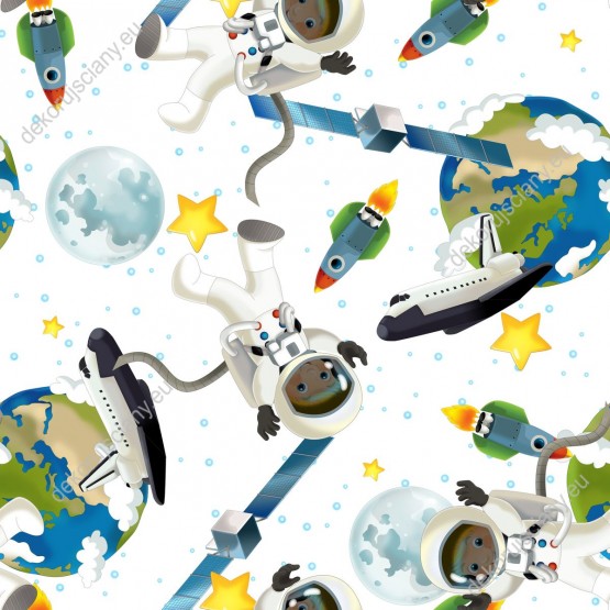 Wizualizacja tapety na ścianę do pokoju dziecięcego. Tapeta przedstawia astronautów w białych kombinezonach, rakiety, planetę Ziemie i księżyc, na białym tle.
