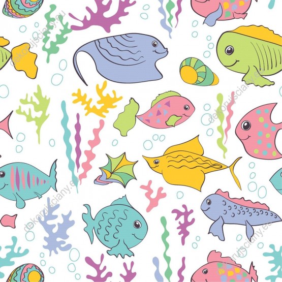 Wizualizacja tapety na ścianę do pokoju dziecięcego przedstawiający podwodny świat. Wzór tapety w kolorowe rybki i podmorskie rośliny.