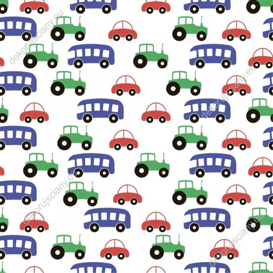 Wizualizacja tapety na ścianę do pokoju dziecięcego z pojazdami. Czerwone samochody, niebieski autobusy i czerwone traktory, na białym tle.