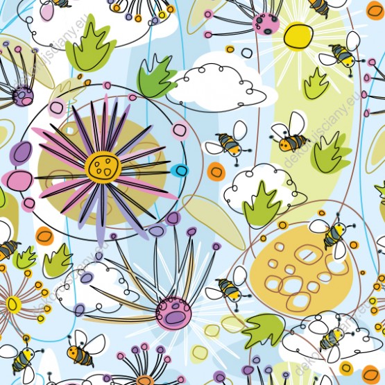 Wizualizacja tapety na ścianę do sypialni, pokoju dziecięcego i młodzieżowego w wiosenne kwiaty i pszczoły, na niebieskim tle.