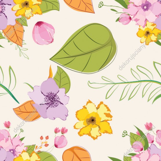 Wizualizacja tapety do sypialni w wiosennym klimacie, w różowe i żółte kwiaty oraz zielone i pomarańczowe liście, na jasnym tle.
