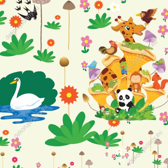 Wizualizacja tapety na ścianę do pokoju dziecięcego z motywem wiosennym. Wzór tapety przedstawia różnorodne zwierzęta siedzące na grzybach oraz pływające łabędzie. Tło tapety kremowe.
