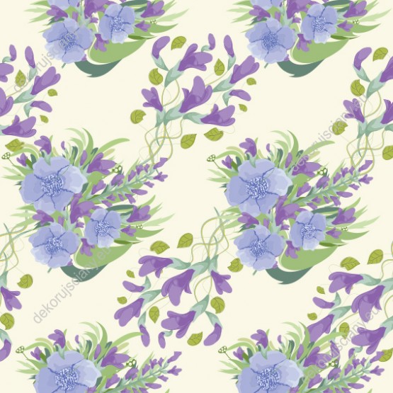 Wizualizacja tapety do sypialni we wzór niebieskich i fioletowych kwiatów i liści, na beżowym tle.
