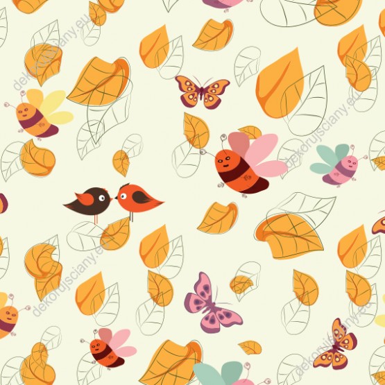 Wizualizacja tapety do pokoju dziecięcego, młodzieżowego w jesiennym klimacie. Tapeta przedstawia opadające, pomarańczowe liście, latające pszczoły, motyle i ptaki, na jasnym tle.