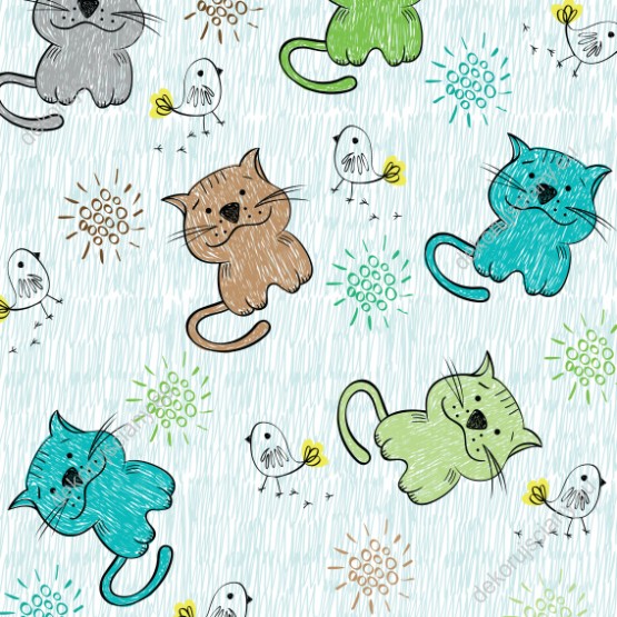 Wizualizacja tapety na ścianę do pokoju dziecięcego. Tapeta w rysowane przez dziecko zielone, brązowe, niebieskie i szare kotki i małe ptaszki, na biało-niebieskim tle.