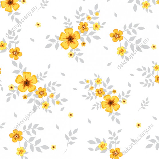 Wizualizacja tapety do pokoju dziennego, sypialni, salonu, przedpokoju, biura  w żółte, wiosenne kwiaty z szarymi liśćmi, na białym tle.