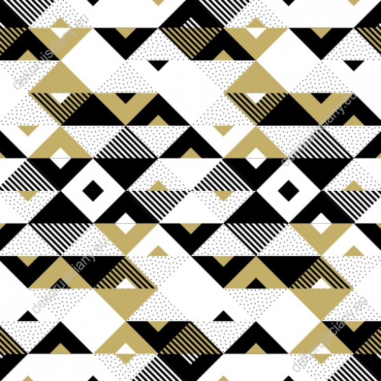 Wzornik tapety do pokoju dziennego, dziecięcego, młodzieżowego, sypialni, salonu, przedpokoju, biura w trójkąty geometryczne, w kolorze białym, czarnym i złocistym.