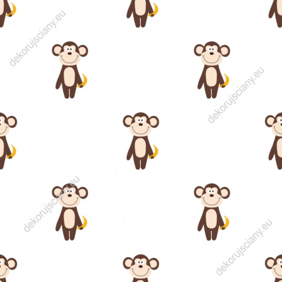Wizualizacja tapety  na ścianę do pokoju dziecięcego ze zwierzętami.  Śmieszne, brązowe małpki, trzymające banany, na białym tle.