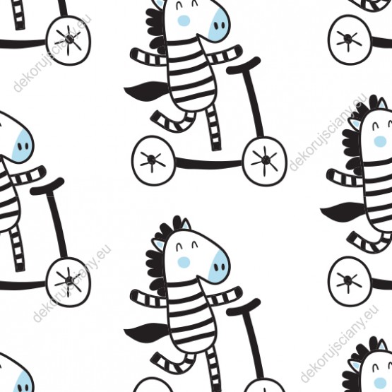 Wizualizacja tapety na ścianę do pokoju dziecięcego. Wesołe czarno-biało-niebieskie zebry, jadące na hulajnodze, białe tło.