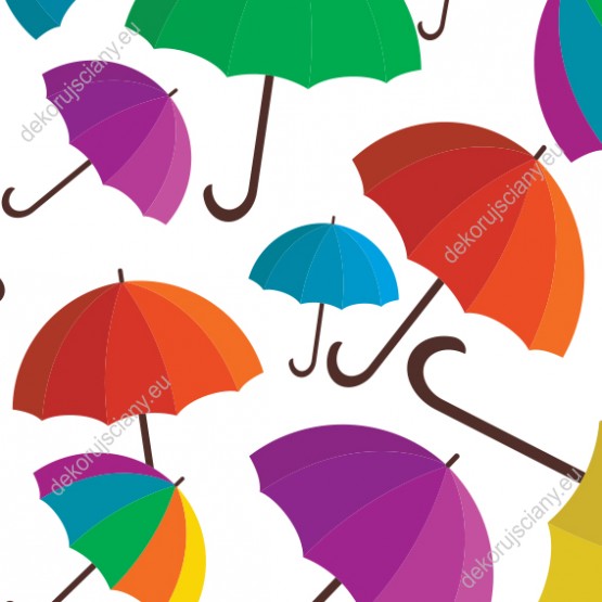 Wizualizacja tapety do pokoju dziecięcego i młodzieżowego. Kolorowe, żółte, fioletowe, zielone czerwone i tęczowe parasole, na białym tle.