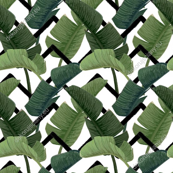 Wzornik tapety do pokoju młodzieżowego, pokoju dziennego, sypialni, salonu, przedpokoju, biura. Tapeta przedstawia duże, zielone liście palm, na białym tle.