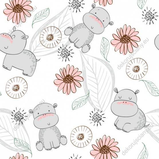 Wizualizacja tapety na ścianę do pokoju dziecięcego, w szare, przyjazne hipopotami, liście i różowe kwiaty na białym tle.