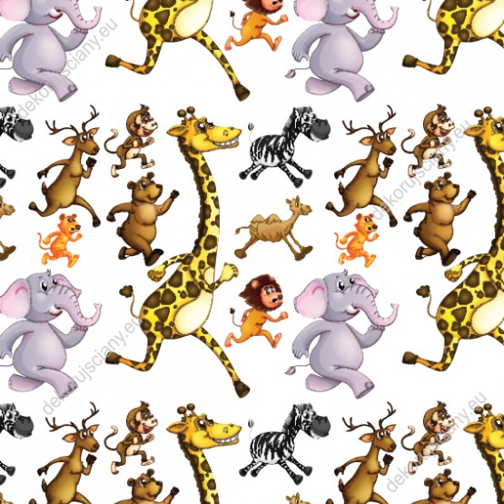 Wizualizacja tapety na ścianę do pokoju dziecięcego z motywem kolorowych, biegnących zwierząt afrykańskich, na białym tle.