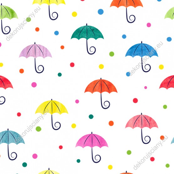 Wizualizacja tapety na ścianę do pokoju dziecięcego w kolorowe parasole i kropki, na białym tle.