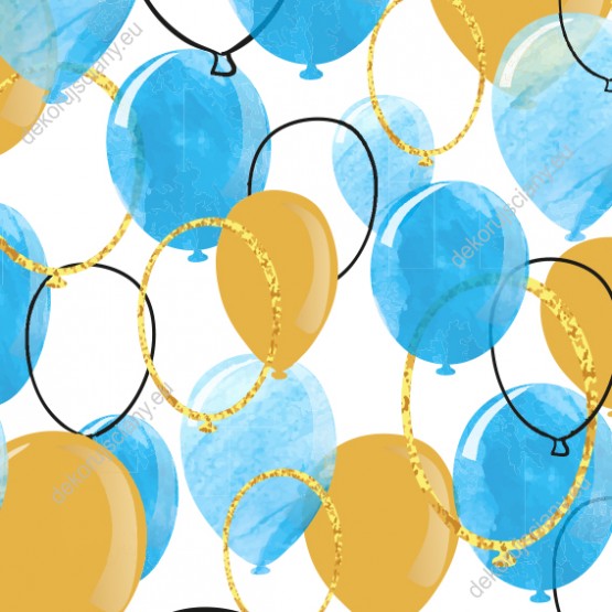 Wizualizacja tapety na ścianę do pokoju dziecięcego w niebieskie i złote, błyszczące balony, na białym tle.