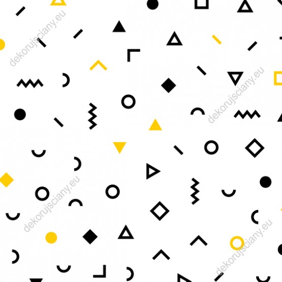 Wzornik tapety do pokoju dziennego, dziecięcego, młodzieżowego, sypialni, salonu, przedpokoju, biura w żółte i czarne abstrakcyjne wzory geometryczne, na białym tle.