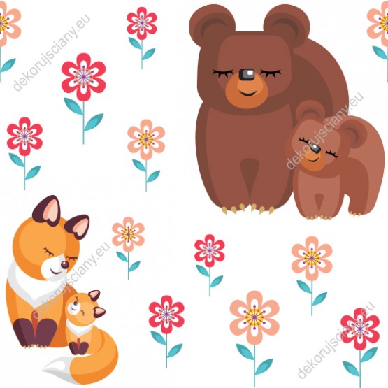 Wizualizacja tapety na ścianę do pokoju dziecięcego ze zwierzętami. Tapeta przedstawia słodkie rude liski i brązowe misie, wśród różowych, wiosennych kwiatów, na białym tle.