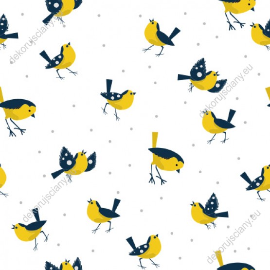 Wizualizacja tapety na ścianę do pokoju dziecięcego. Tapeta w abstrakcyjne żółto-niebieskie ptaki, na białym tle.