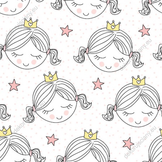 Wizualizacja tapety na ścianę do pokoju dziecięcego. Tapeta przedstawia śpiącą księżniczkę w koronie, w delikatnych kolorach różu i żółci, na białym tle w gwiazdki.