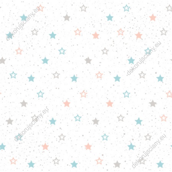 Wizualizacja tapety na ścianę do pokoju dziecięcego. Delikatna tapeta w szare, niebieskie i różowe gwiazdki, na białym tle.