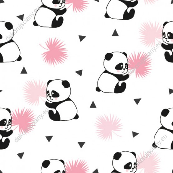 Wizualizacja tapety na ścianę do pokoju dziecięcego. Tapeta w słodkie misie panda z różowymi listkami, na białym tle.
