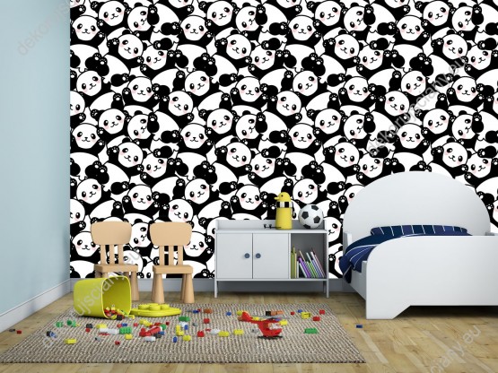 Wizualizacja tapety na ścianę do pokoju dziecięcego. Tapeta w gang misiów panda.