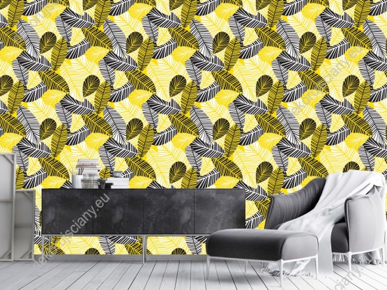 Wizualizacja tapety do różnego rodzaju pomieszczeń. Tapeta w abstrakcyjne liście w barwach żółto-czarnych.
