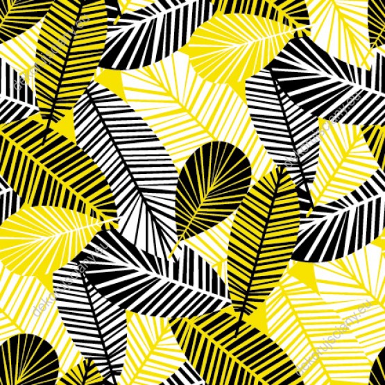Wizualizacja tapety do różnego rodzaju pomieszczeń. Tapeta w abstrakcyjne liście w barwach żółto-czarnych.