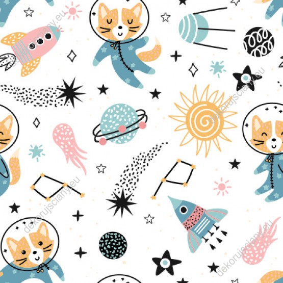 Wizualizacja przeznaczona do pokoju dziecięcego z motywem kosmicznym. Tapeta jest w kolorach niebieskim, różowym, pomarańczowym i czarnym, na białym tle. Przedstawia kota astronautę, planety, gwiazdy i słońce.